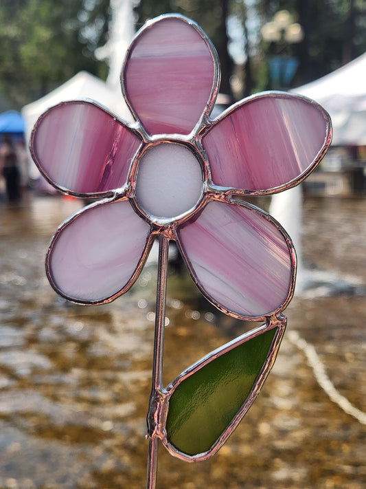 Pink Baroque Stained Glass Daisy Plant Stake with White Iridescent Center