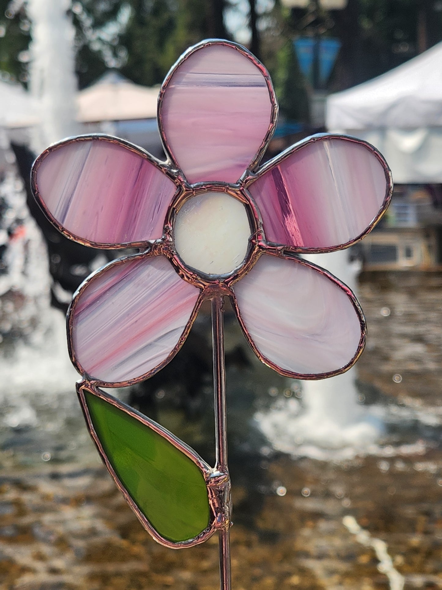 Pink Baroque Stained Glass Daisy Plant Stake with White Iridescent Center