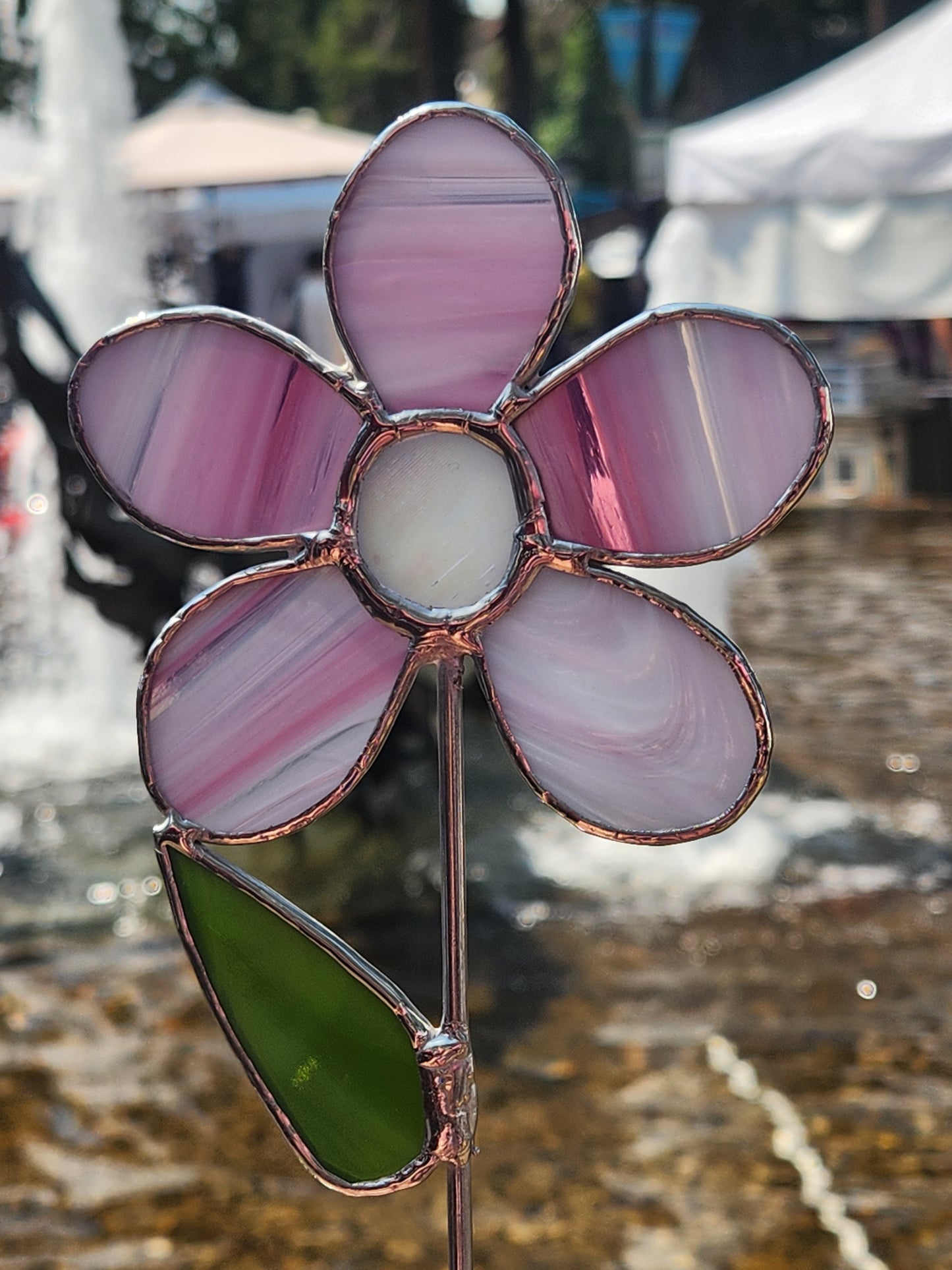 Pink Baroque Stained Glass Daisy Plant Stake with White Iridescent Center