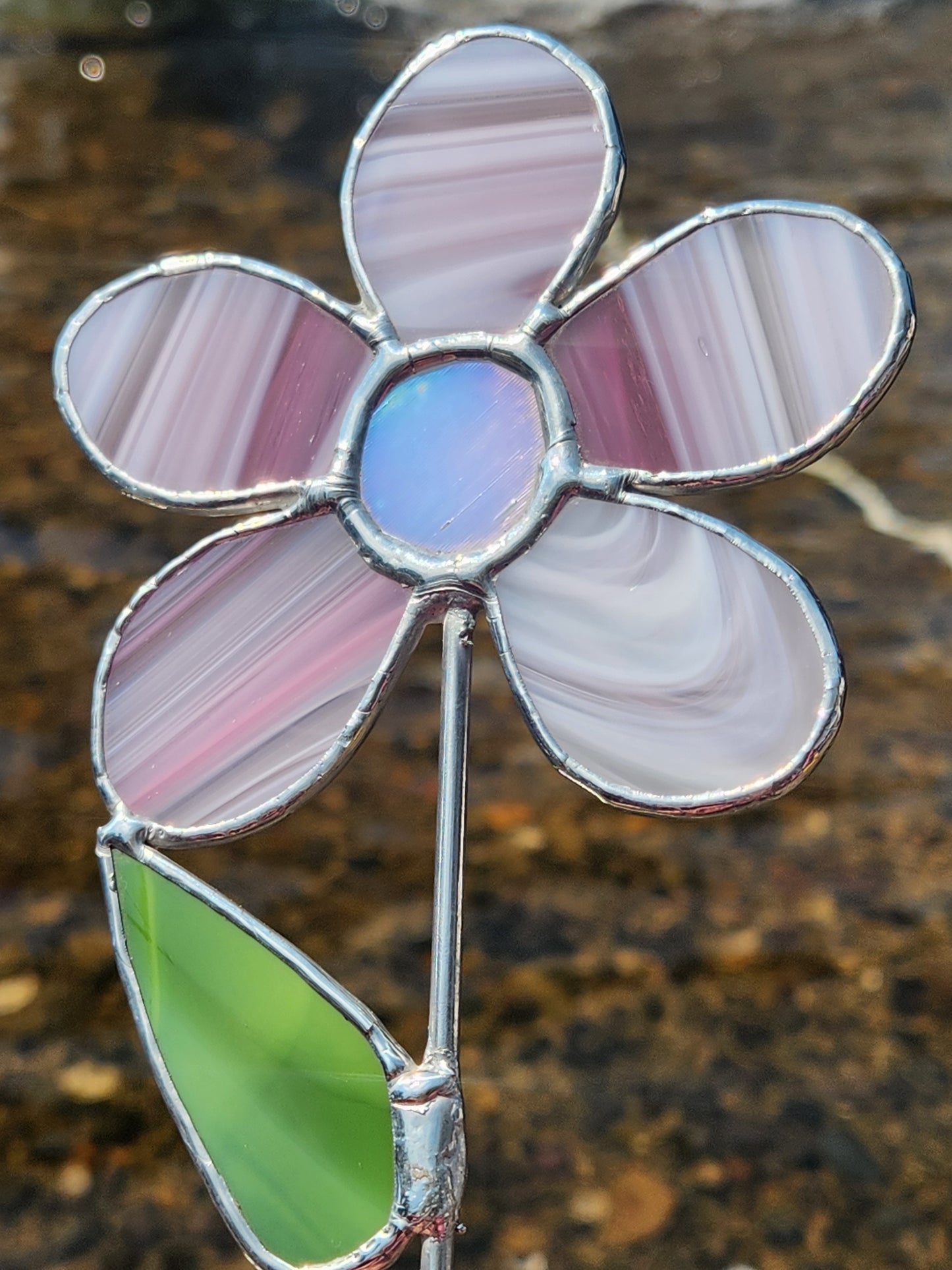 Pink Baroque Stained Glass Daisy Plant Stake with White Iridescent Center