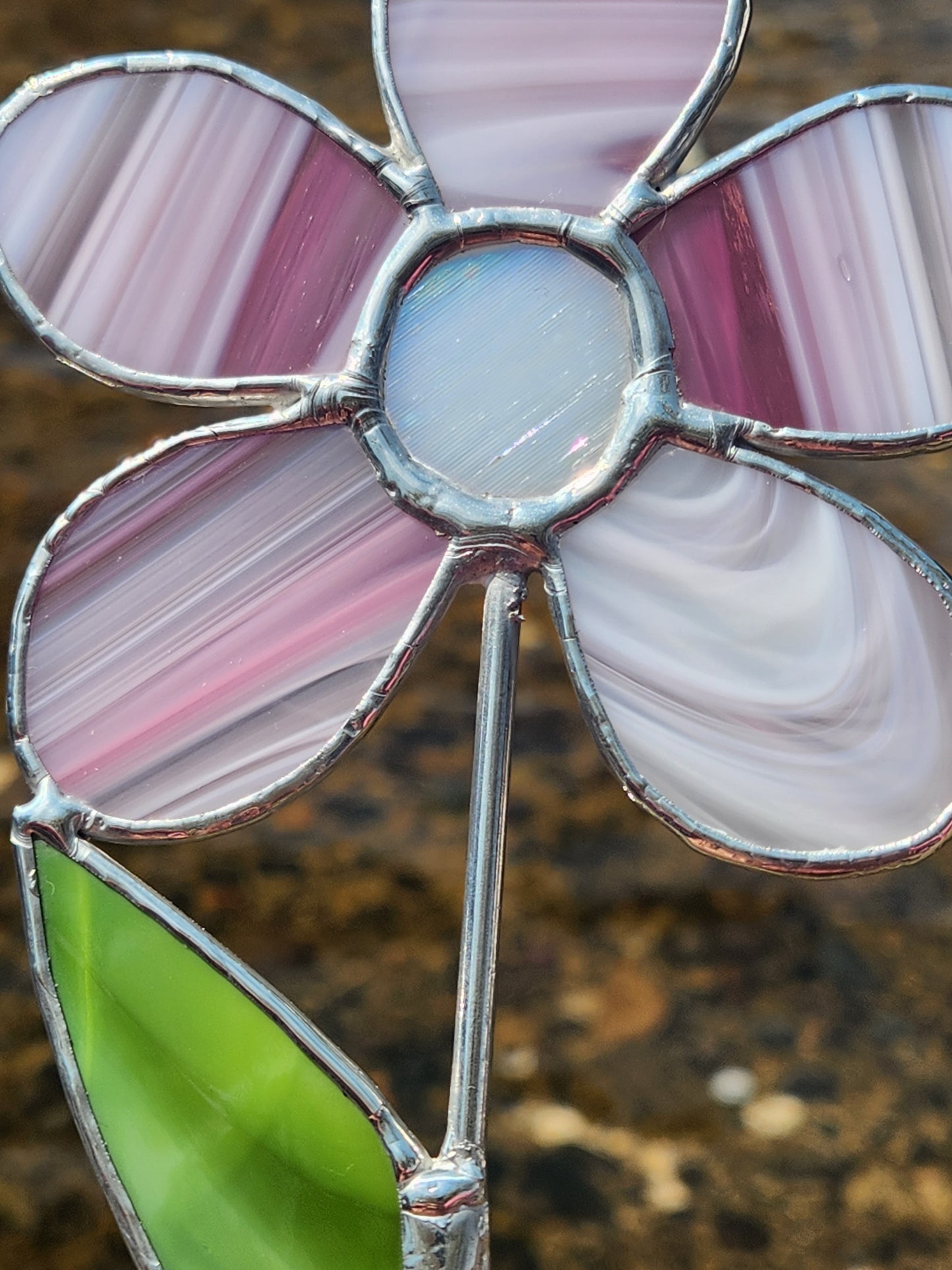 Pink Baroque Stained Glass Daisy Plant Stake with White Iridescent Center