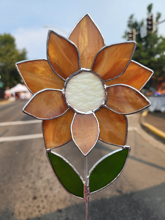 Burnt Orange & White Wispy Stained Glass Sunflower Plant Stake with Textured Cream Center