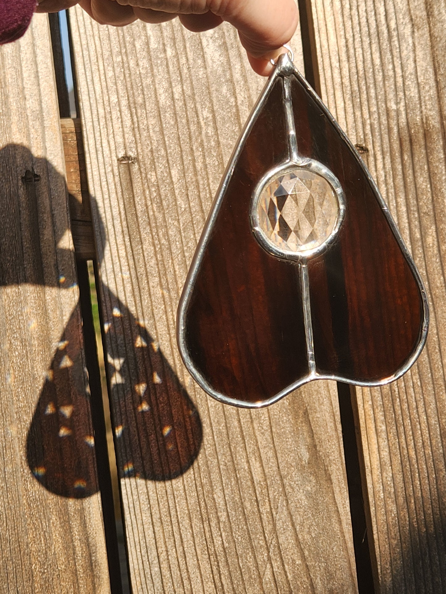 Streaky Brown & Large Clear Jewel Stained Glass Planchette