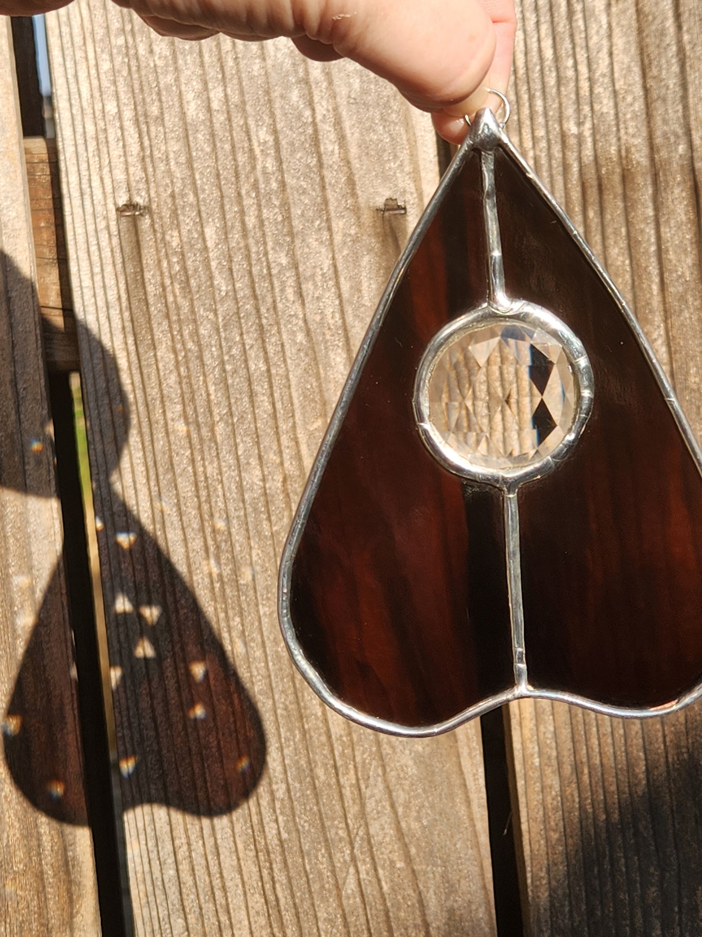 Streaky Brown & Large Clear Jewel Stained Glass Planchette