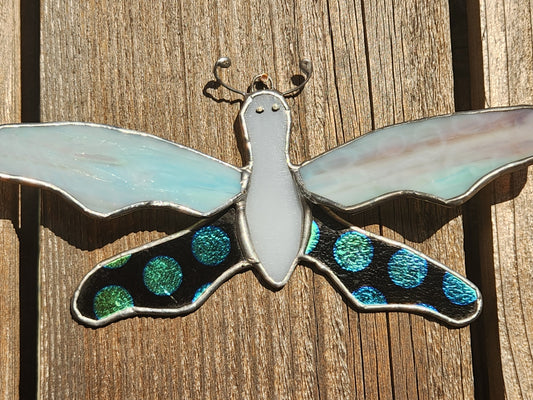 Cotton Candy Mottle & Dichroic Polka Dot Dragonfly Stained Glass Suncatcher
