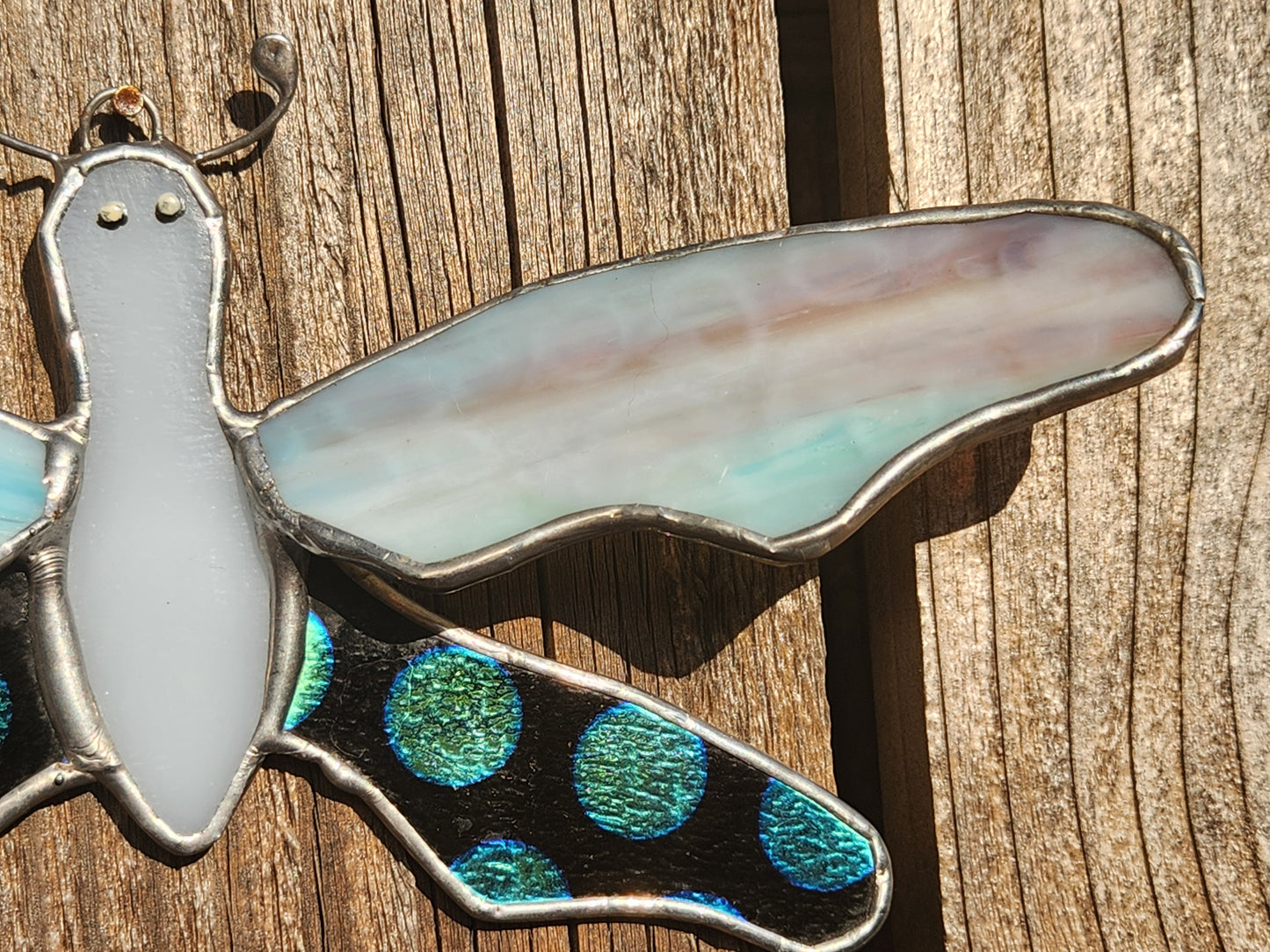 Cotton Candy Mottle & Dichroic Polka Dot Dragonfly Stained Glass Suncatcher