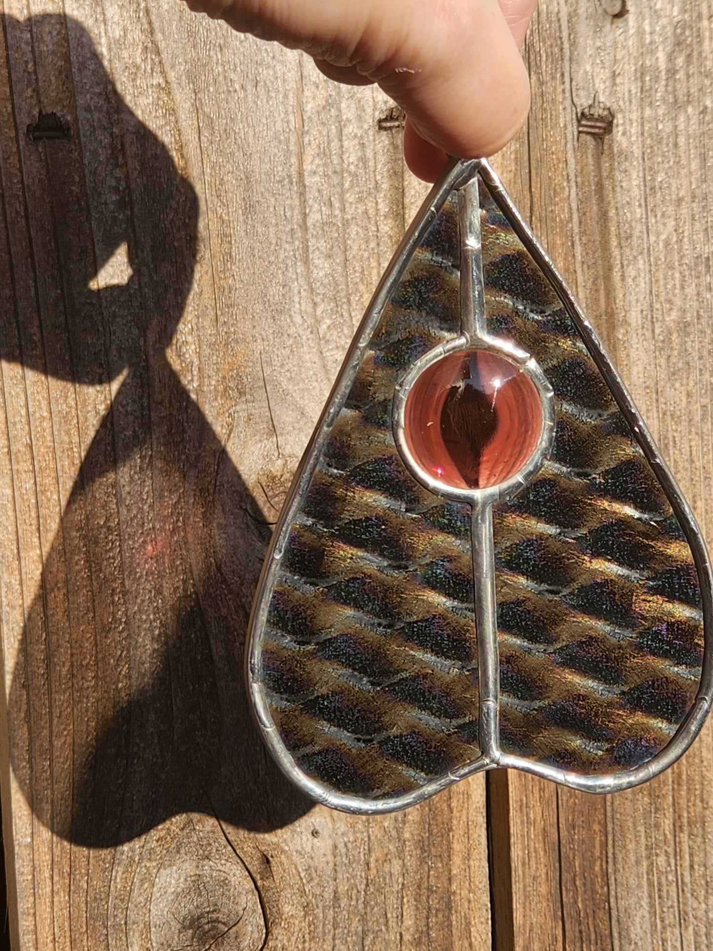 Dark Dichroic Glass & Mauve Nugget Stained Glass Planchette