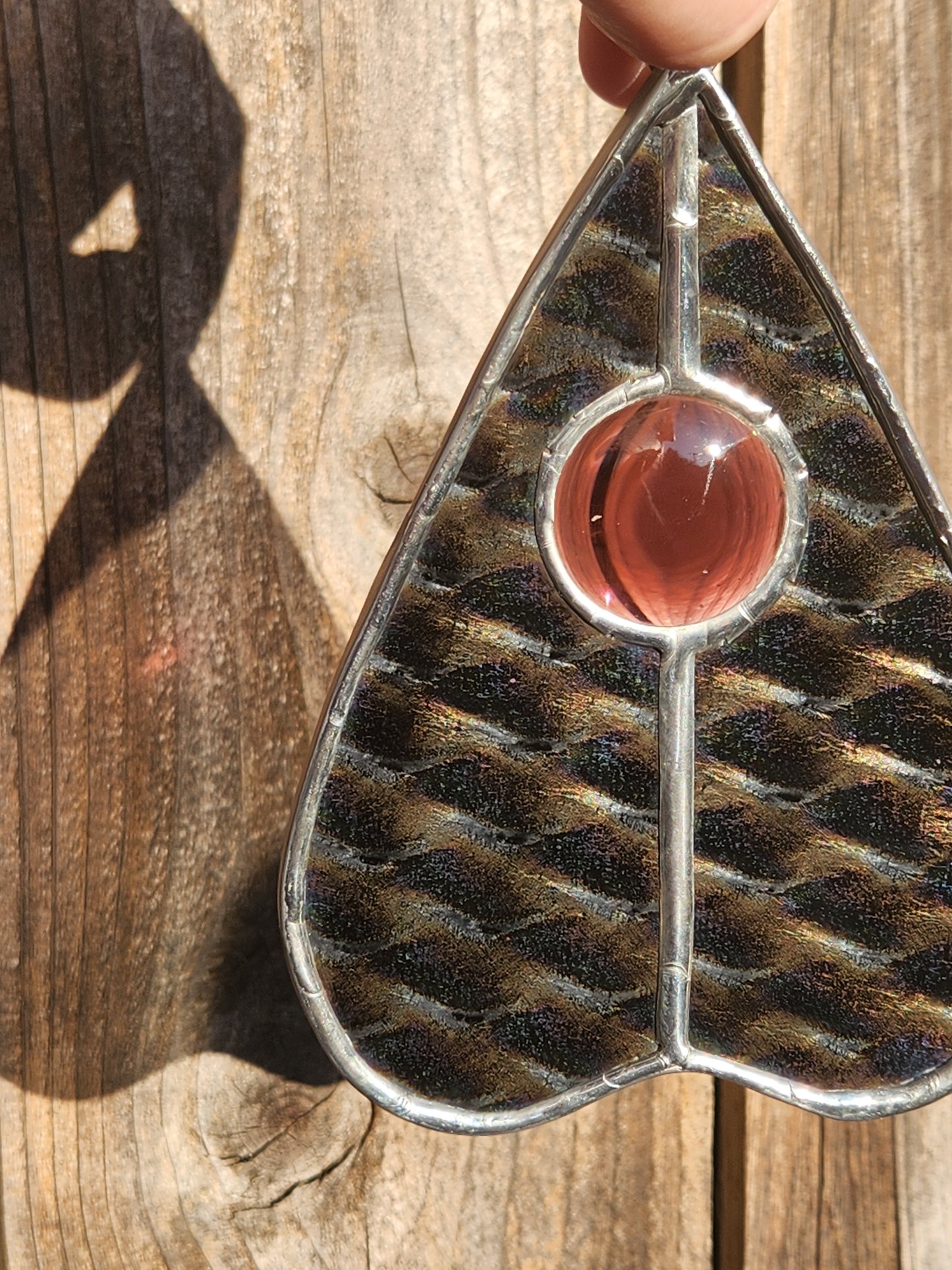 Dark Dichroic Glass & Mauve Nugget Stained Glass Planchette