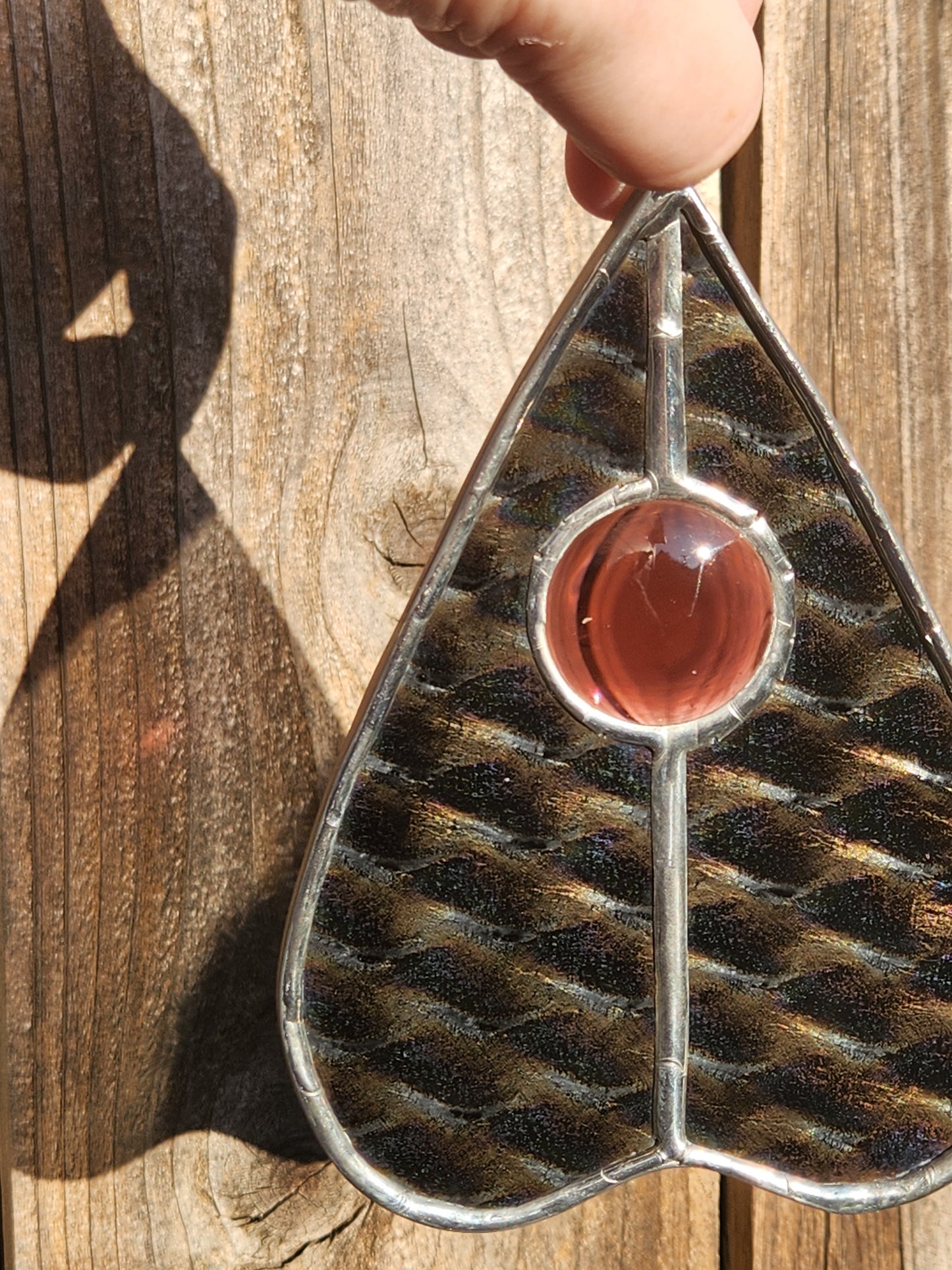 Dark Dichroic Glass & Mauve Nugget Stained Glass Planchette