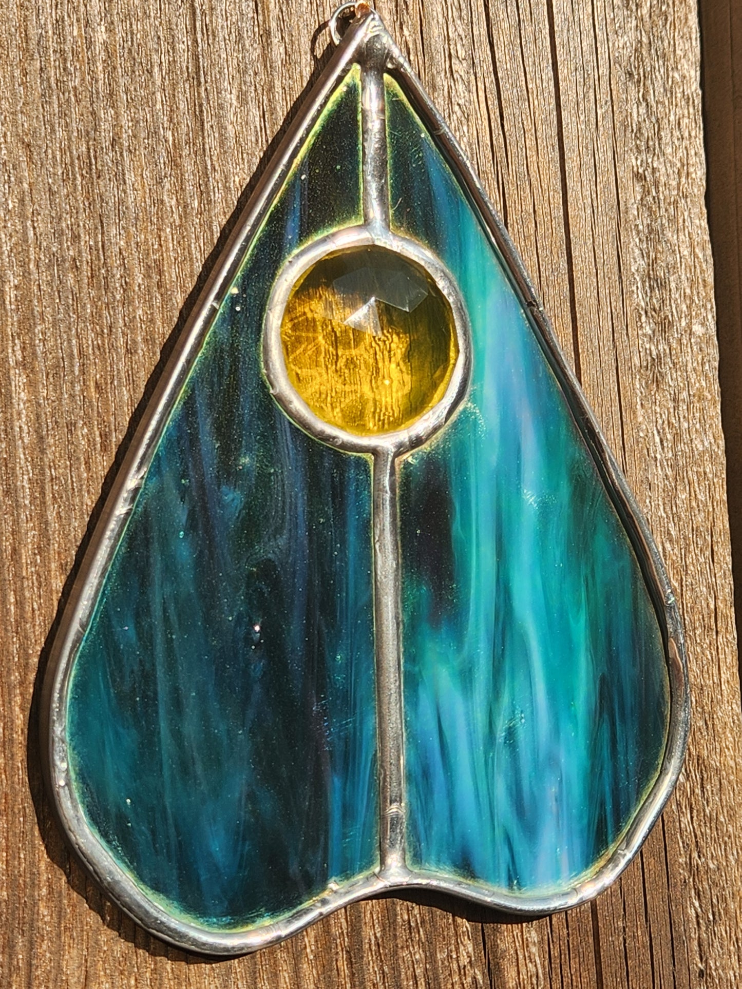 Teal Iridescent & Yellow Jewel Stained Glass Planchette