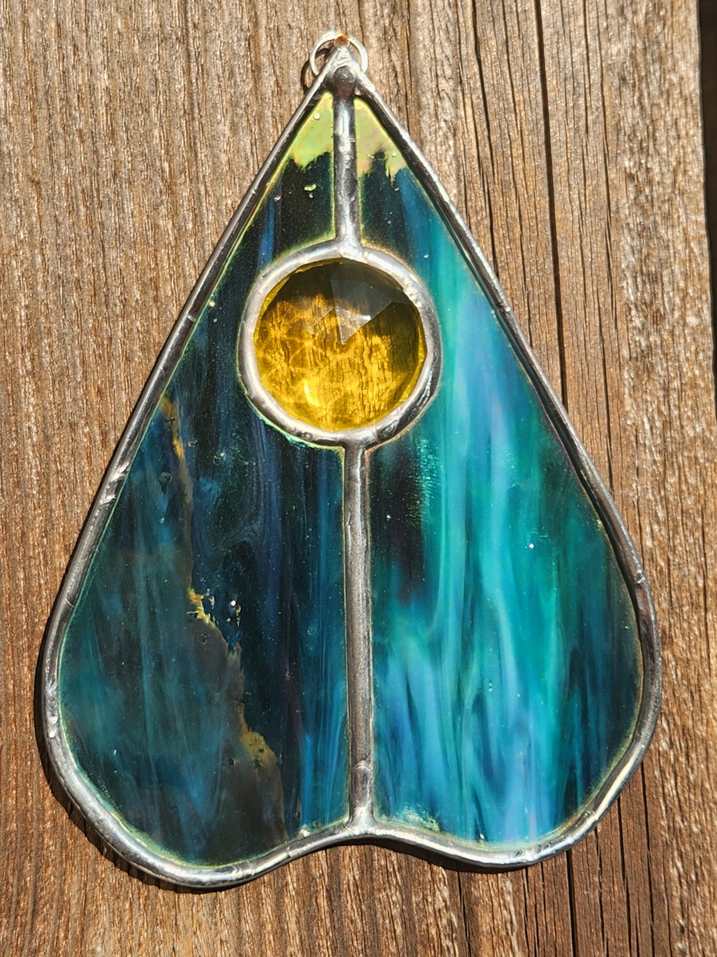 Teal Iridescent & Yellow Jewel Stained Glass Planchette