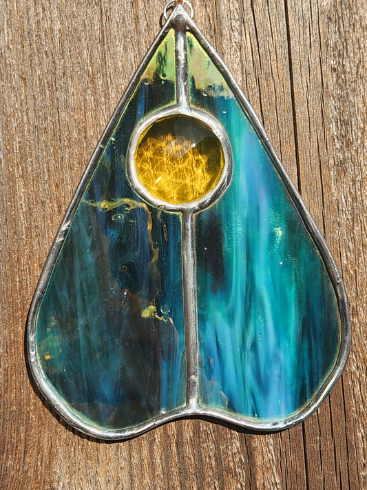 Teal Iridescent & Yellow Jewel Stained Glass Planchette