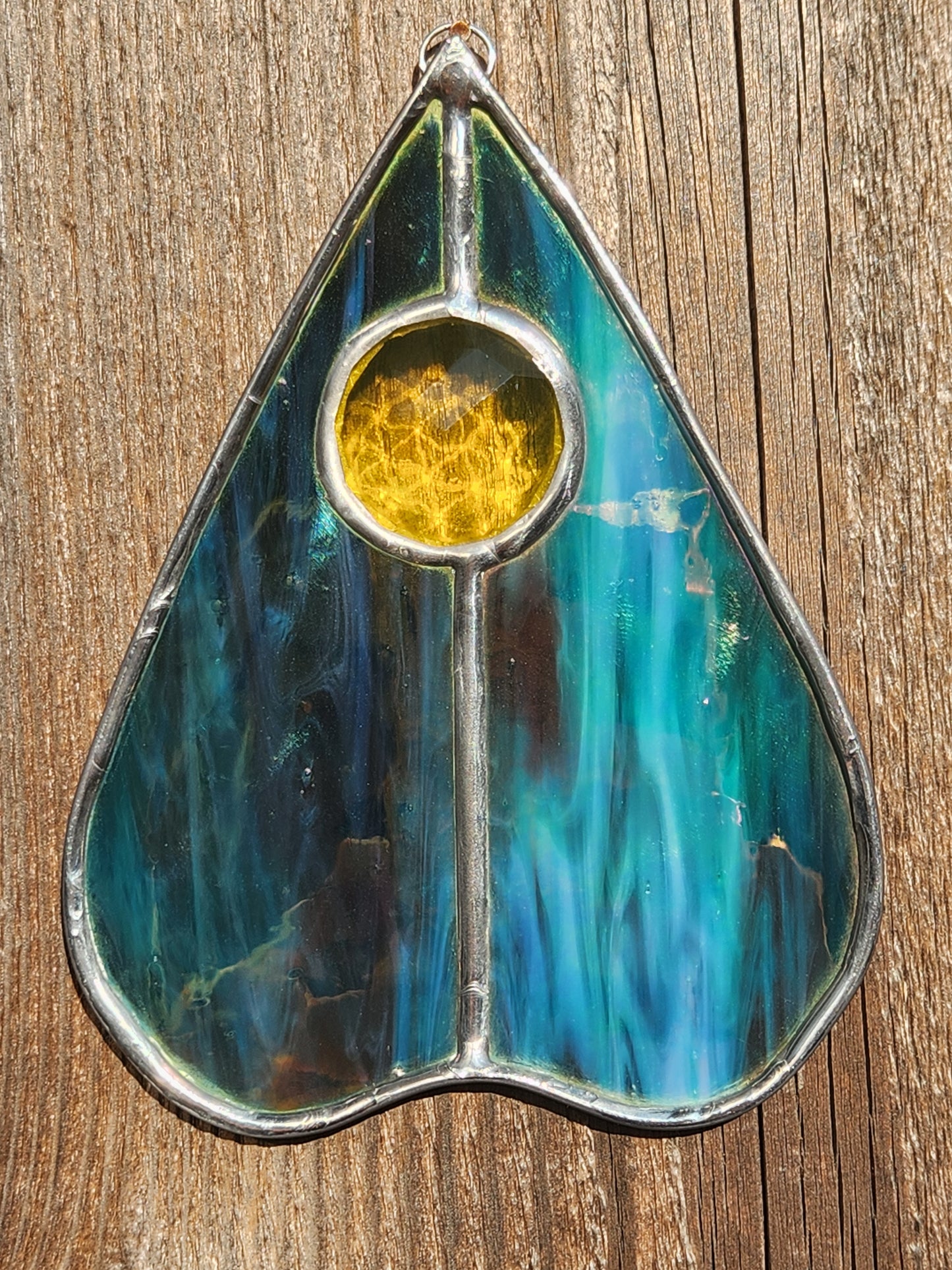 Teal Iridescent & Yellow Jewel Stained Glass Planchette