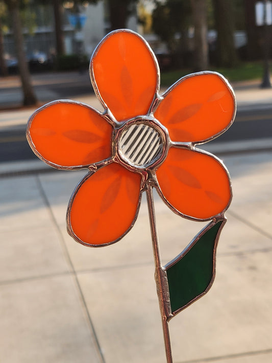 Etched Orange Stained Glass Daisy Plant Stake with Clear Reeded Center