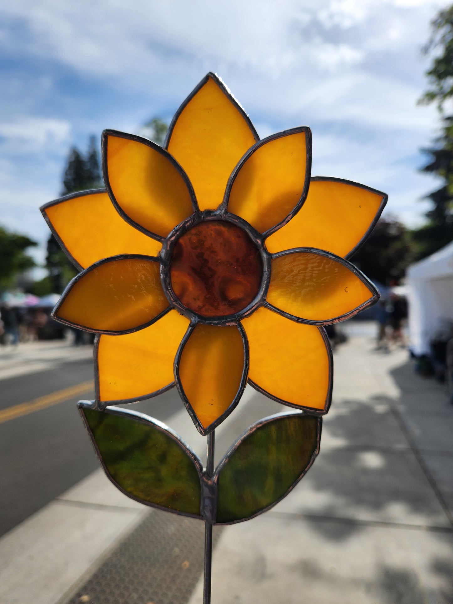 Orange-Yellow Stained Glass Sunflower Plant Stake with Brown Mottled Center