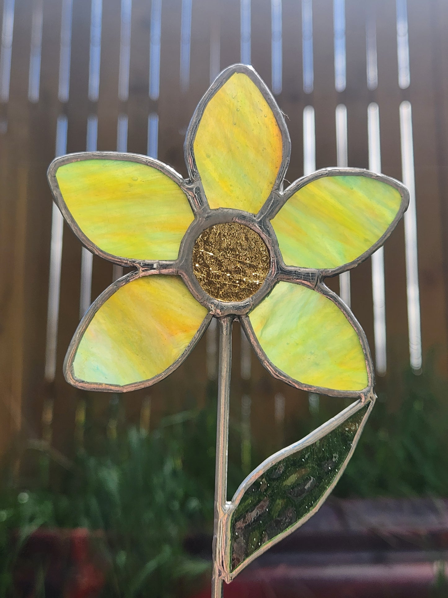Fern Green & Amber Stained Glass Daisy Plant Stake with Vintage Amber Glass Center