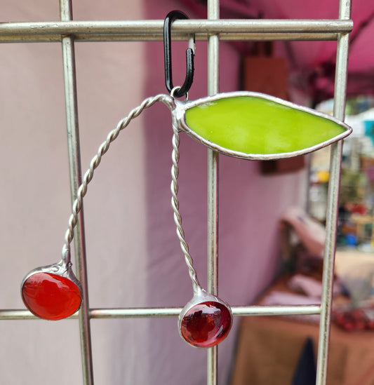 Cherries Made from Nugget Glass with Neon Green Stained Glass Leaf