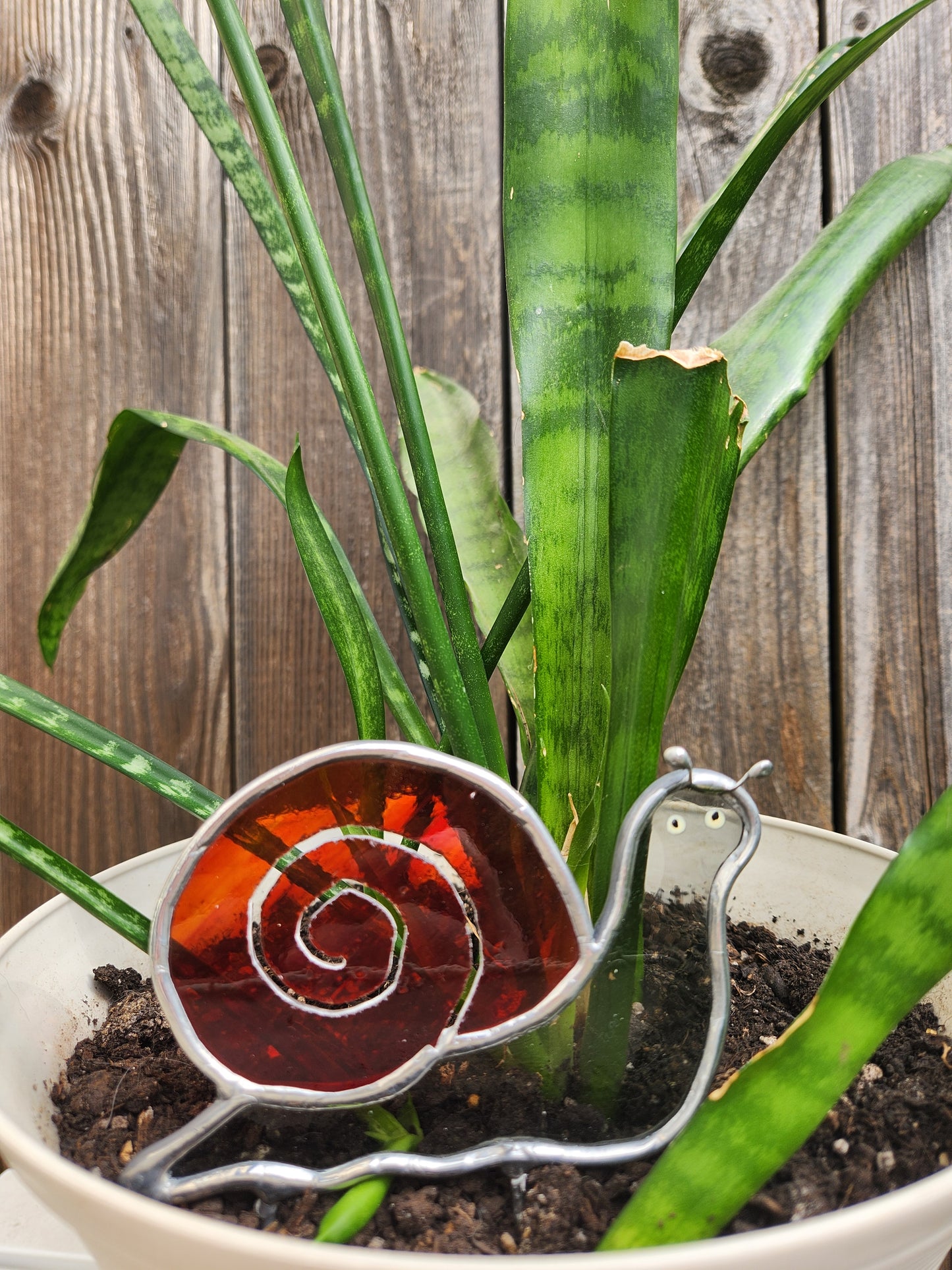 Gray Antique and Red Streaky Stained Glass Snail Plant Stake