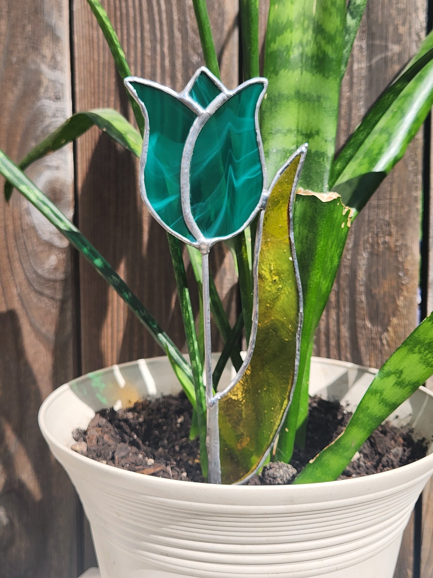 Aqua Streaky Tulip with Amber-Green Leaf Stained Glass Plant Stake