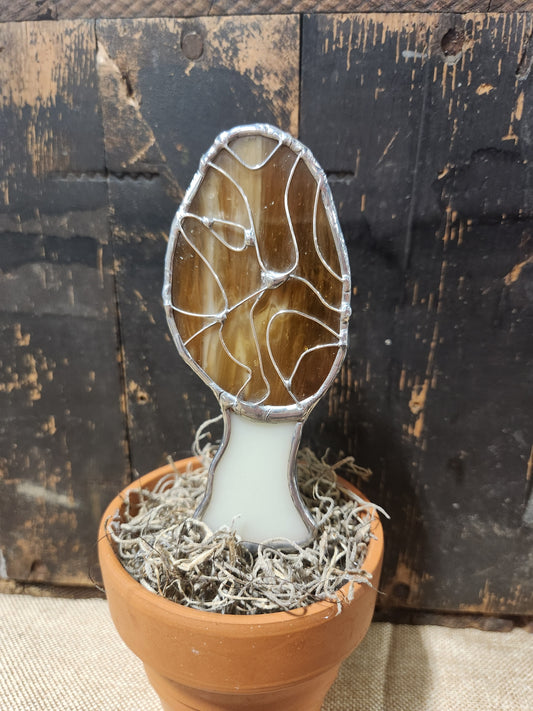 Life-Sized Morel Mushroom Stained Glass Plant Stake