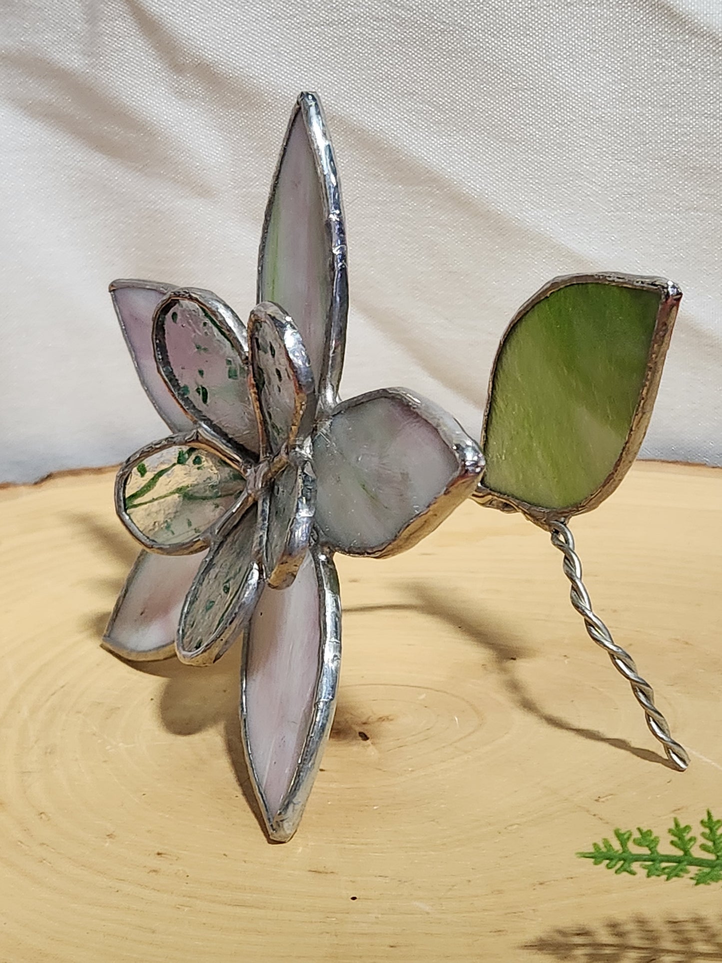 Pink & Green Streaky Glass with Green Confetti Stained Glass Table Flower