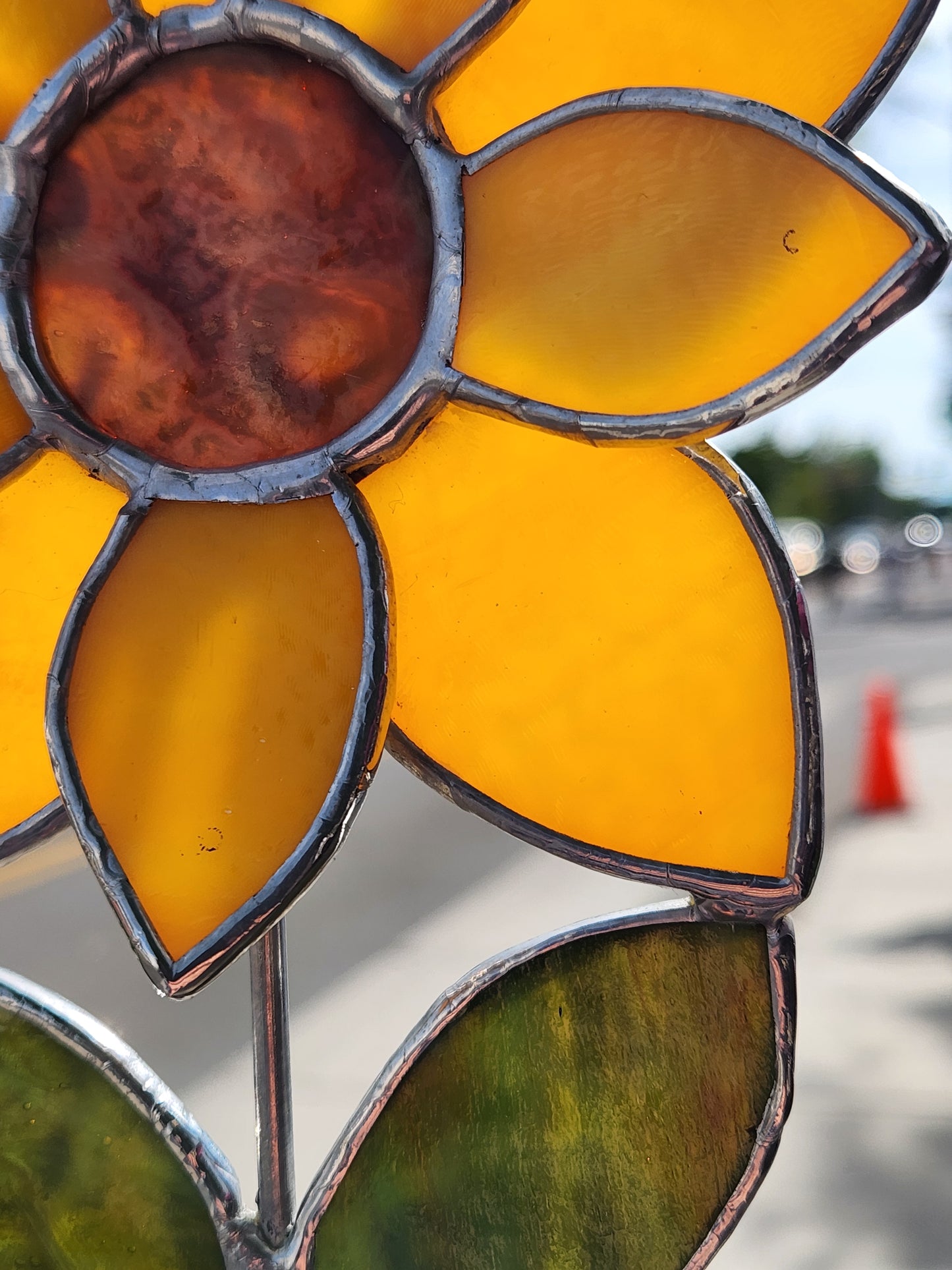 Orange-Yellow Stained Glass Sunflower Plant Stake with Brown Mottled Center
