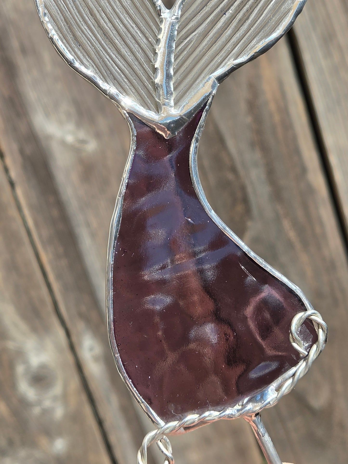 Deep Purple & Clear Reeded Stained Glass Mermaid Tail Plant Stake