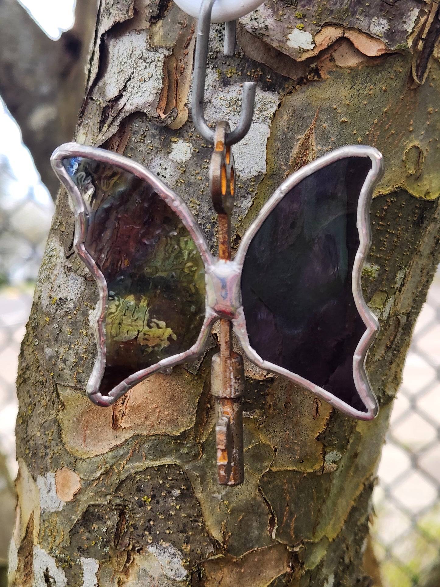 Textured Purple Swirl & Dark Purple Stained Glass Flying Key