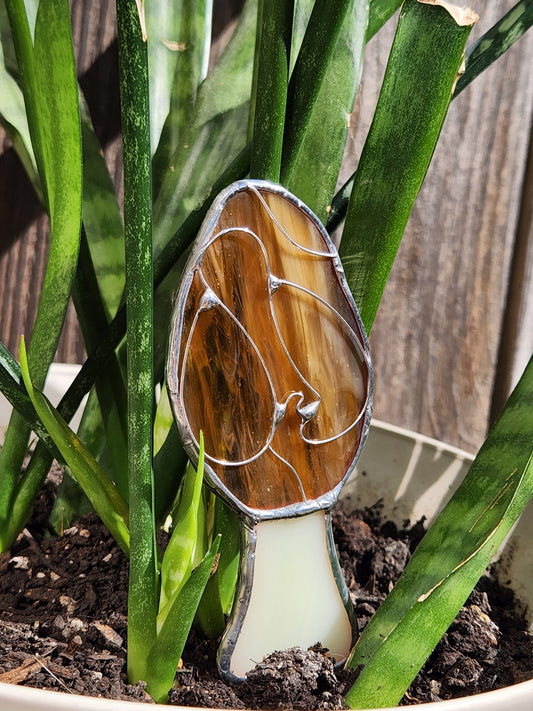 Life-Sized Morel Mushroom Stained Glass Plant Stake