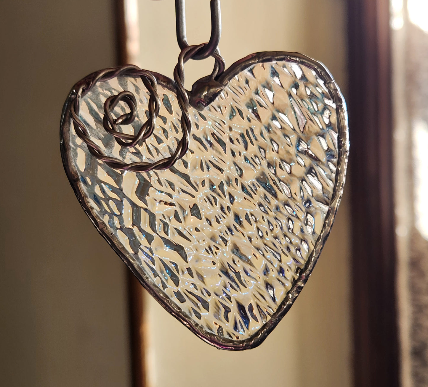 Rainbow Iridescent Textured Stained Glass Heart with Scroll Accent