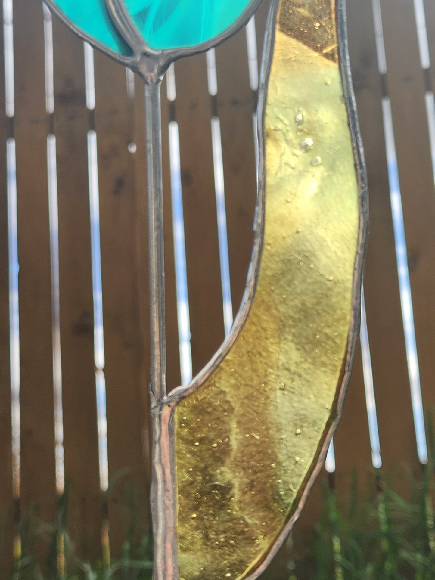 Aqua Streaky Tulip with Amber-Green Leaf Stained Glass Plant Stake