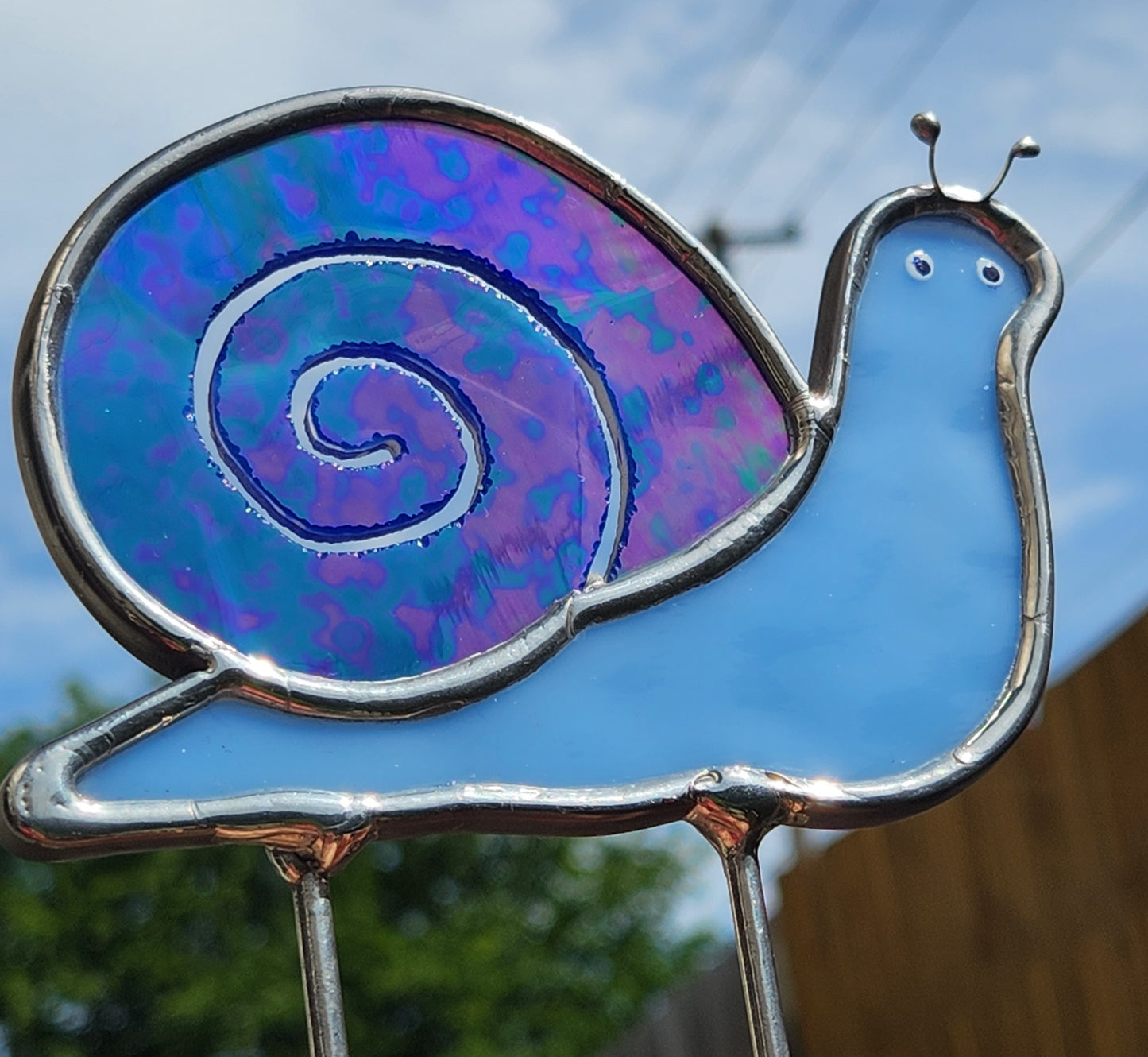 Sky Blue & Dark Blue Iridescent Stained Glass Snail Plant Stake
