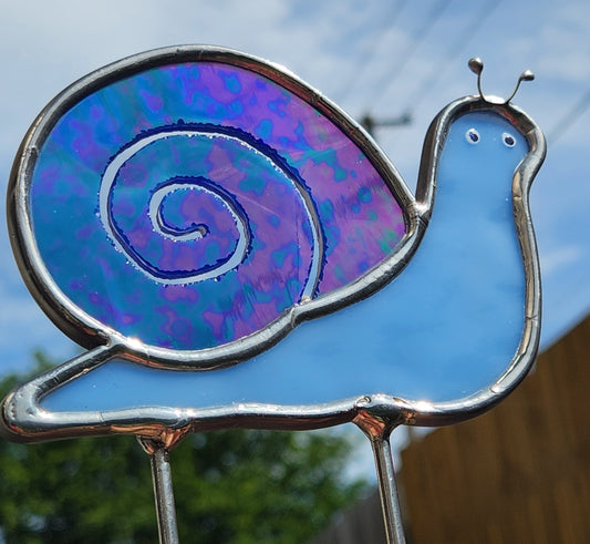 Sky Blue & Dark Blue Iridescent Stained Glass Snail Plant Stake