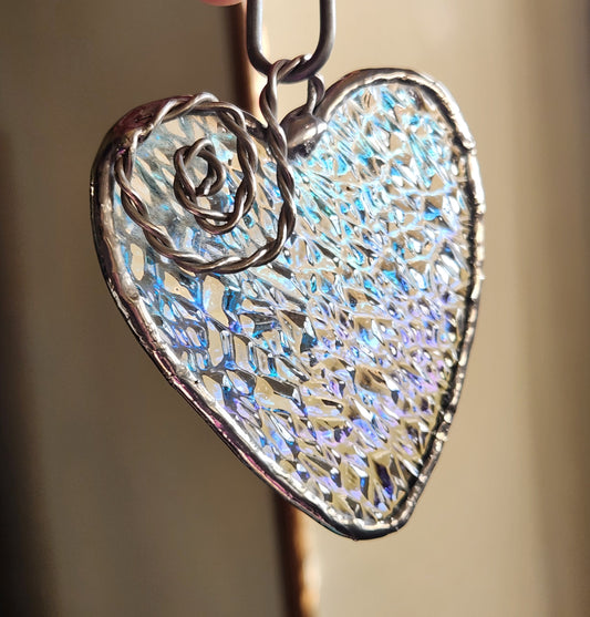 Rainbow Iridescent Textured Stained Glass Heart with Scroll Accent