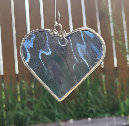 Blue Waterglass Stained Glass Heart with scroll hook
