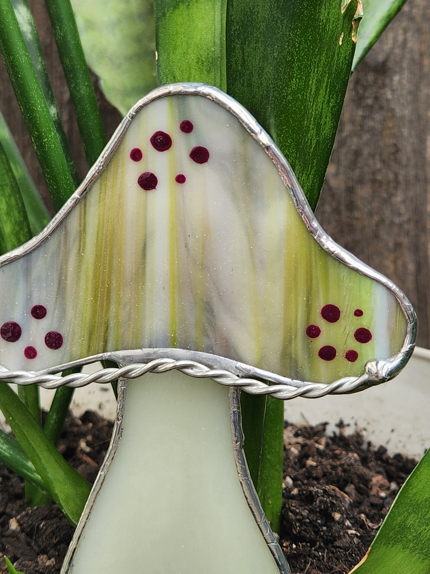 Vintage Green & Purple Mushroom Stained Glass Plant Stake