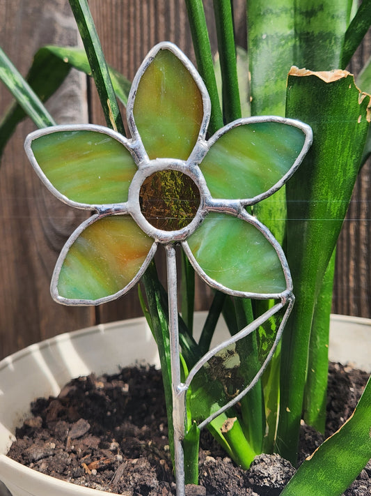 Fern Green & Amber Stained Glass Daisy Plant Stake with Vintage Amber Glass Center
