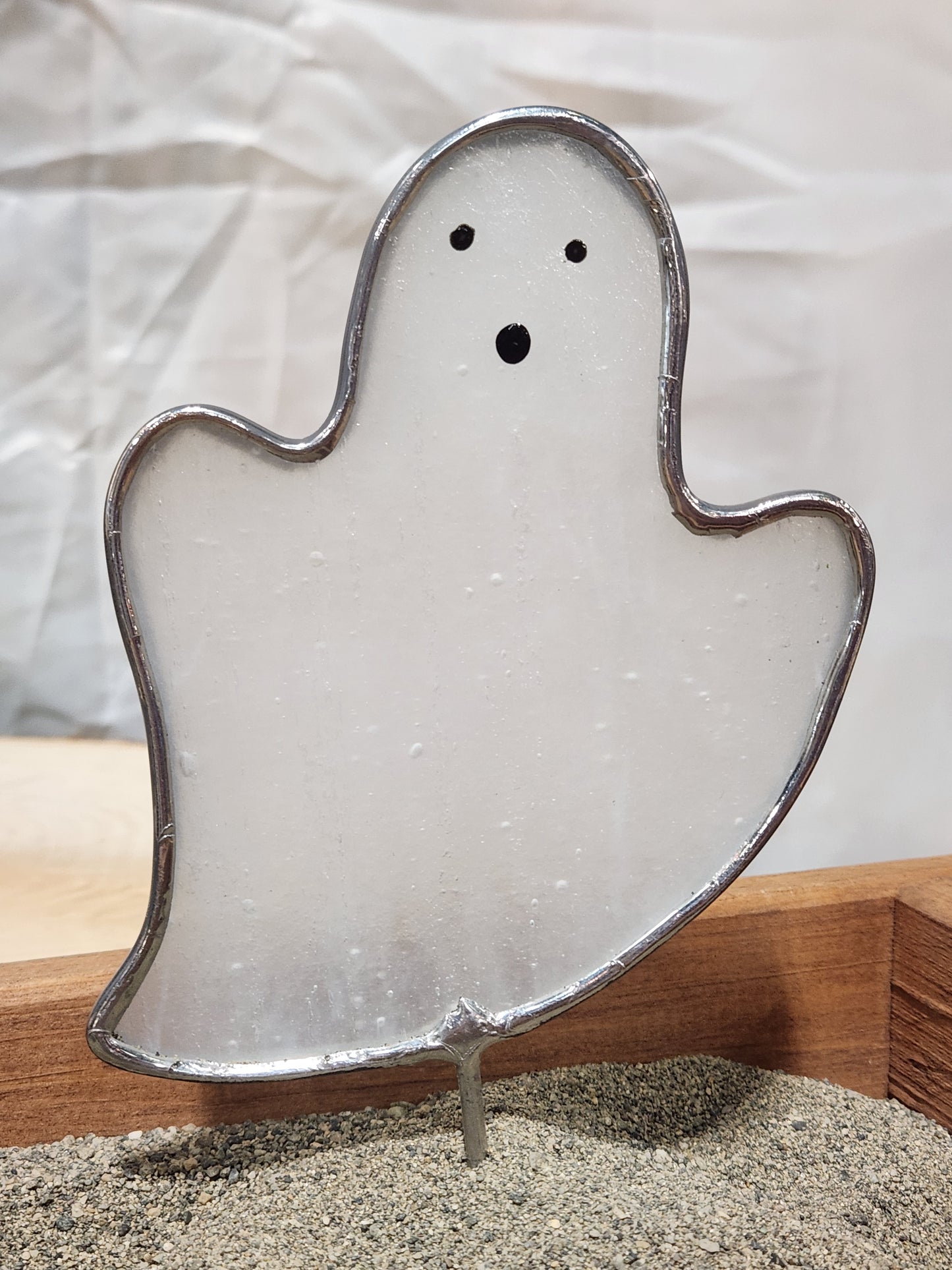 Frosted White Textured Haunting Stained Glass Ghost Plant Stake