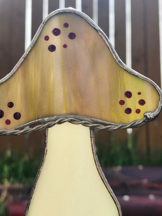 Vintage Green & Purple Mushroom Stained Glass Plant Stake