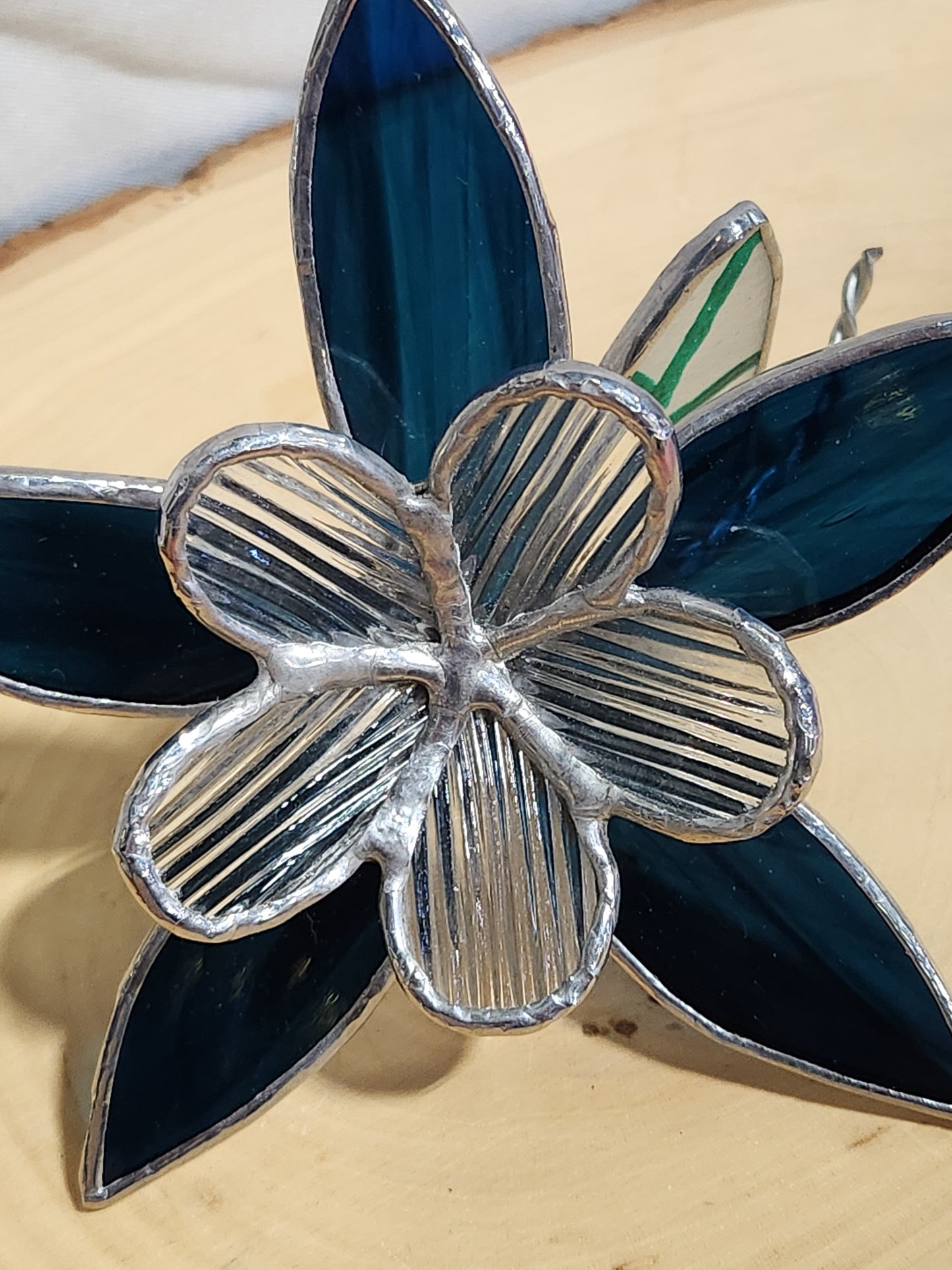 Cobalt & Clear Reeded Stained Glass Table Flower