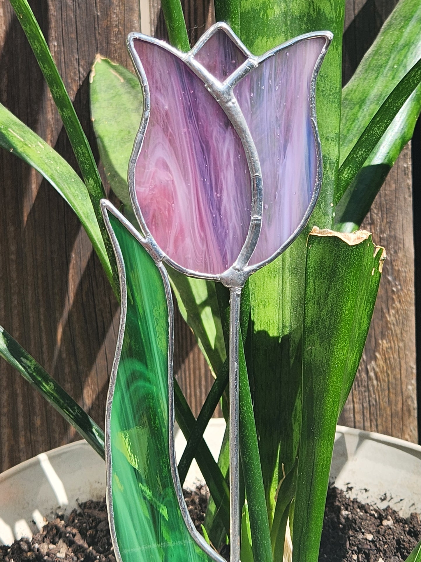 Pink-Purple Streaky Tulip with Green Streaky Leaf Stained Glass Plant Stake