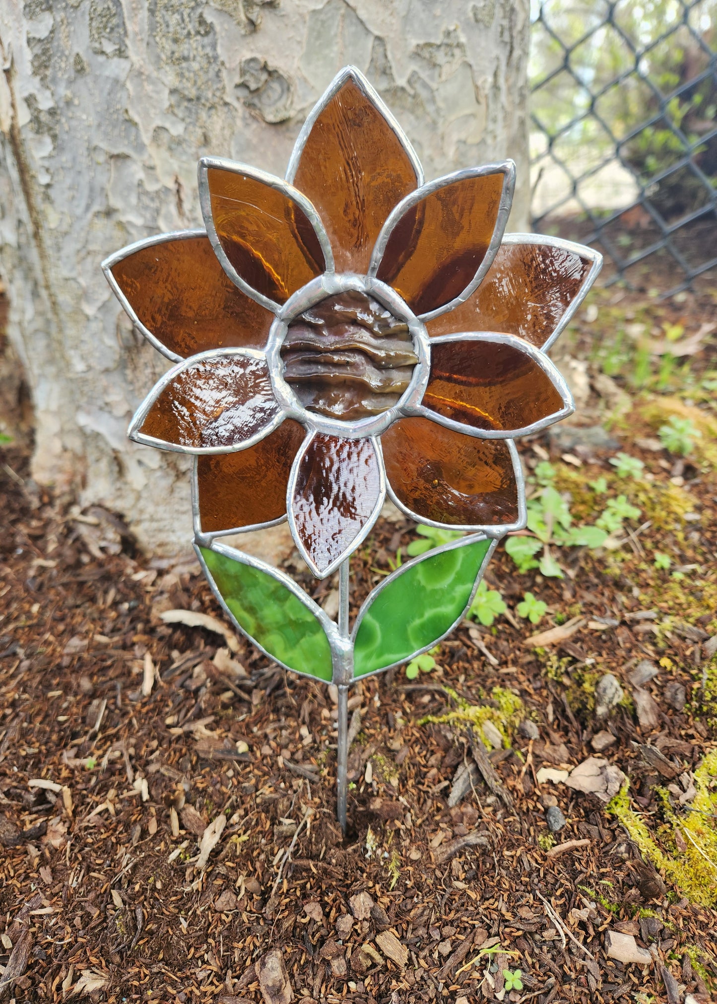 Dark Orange Stained Glass Sunflower Plant Stake with Texture Brown Center