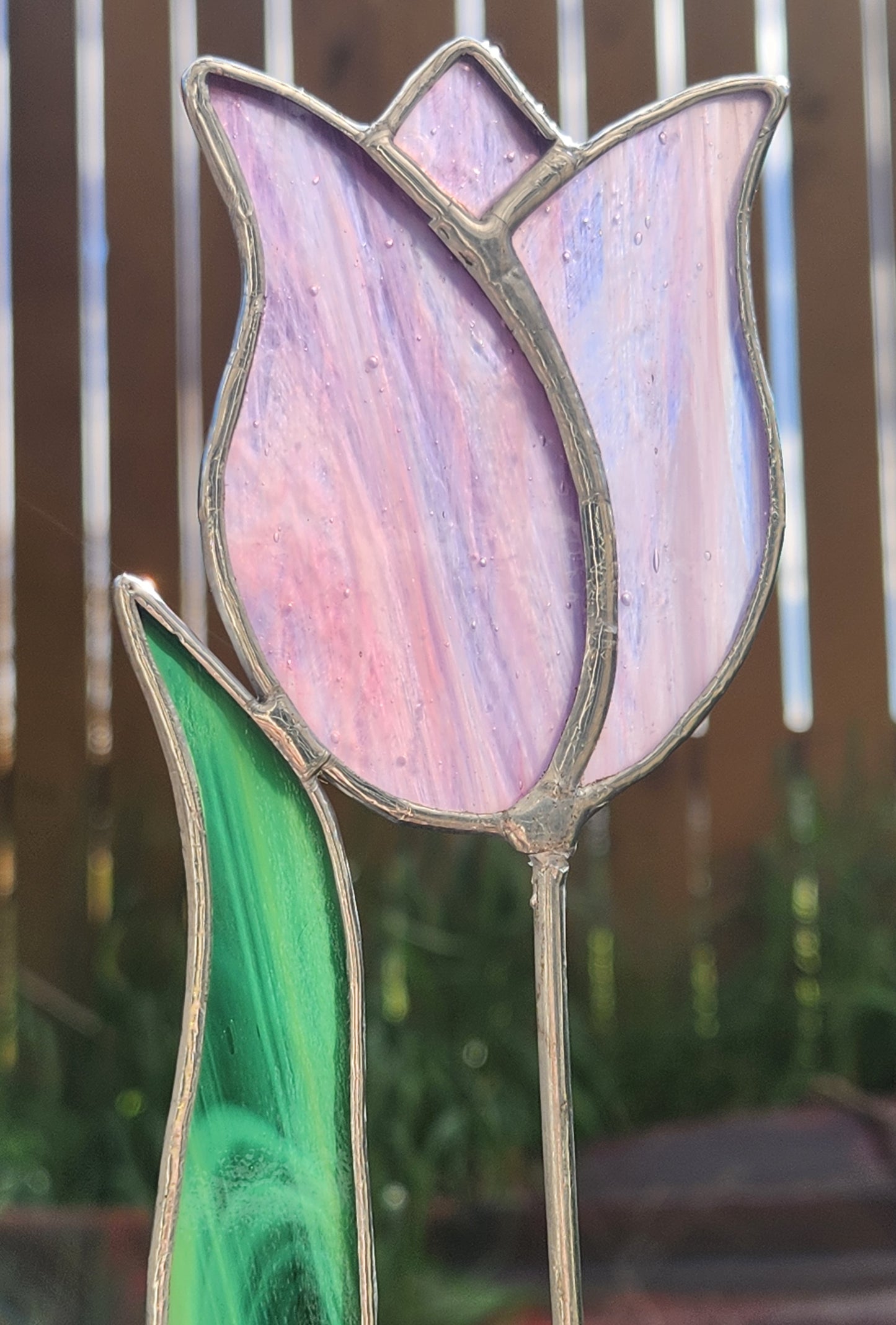 Pink-Purple Streaky Tulip with Green Streaky Leaf Stained Glass Plant Stake