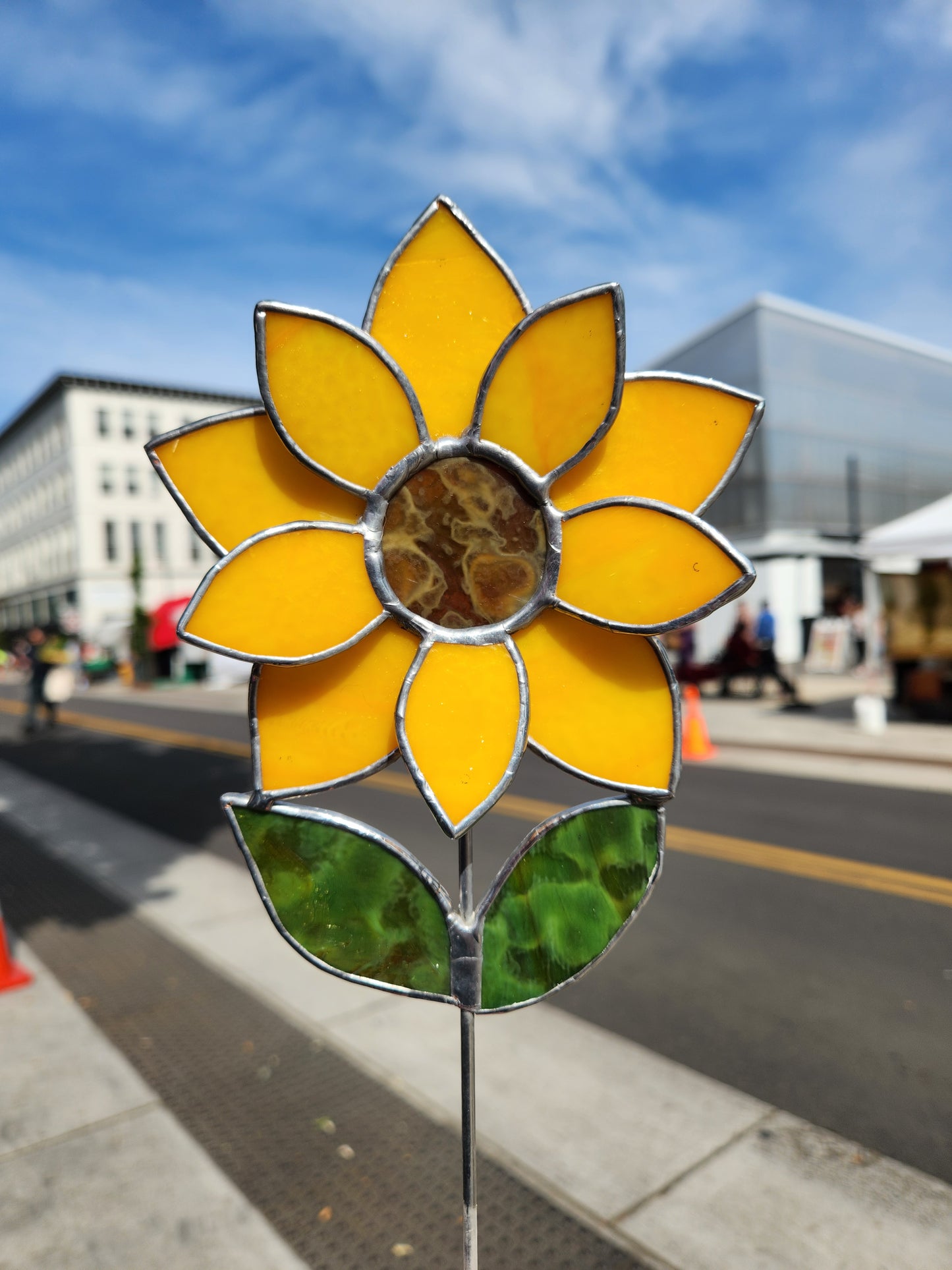 Orange-Yellow Stained Glass Sunflower Plant Stake with Brown Mottled Center