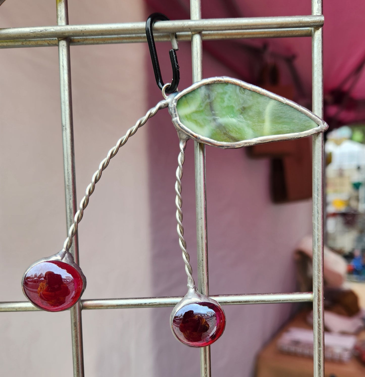 Cherries Made from Nugget Glass with Light Green Mottled Stained Glass Leaf