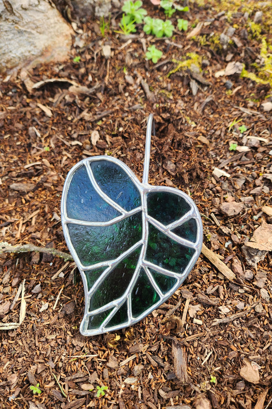 Caribbean Blue-Green Stained Glass Elven Leaf Plant Stake