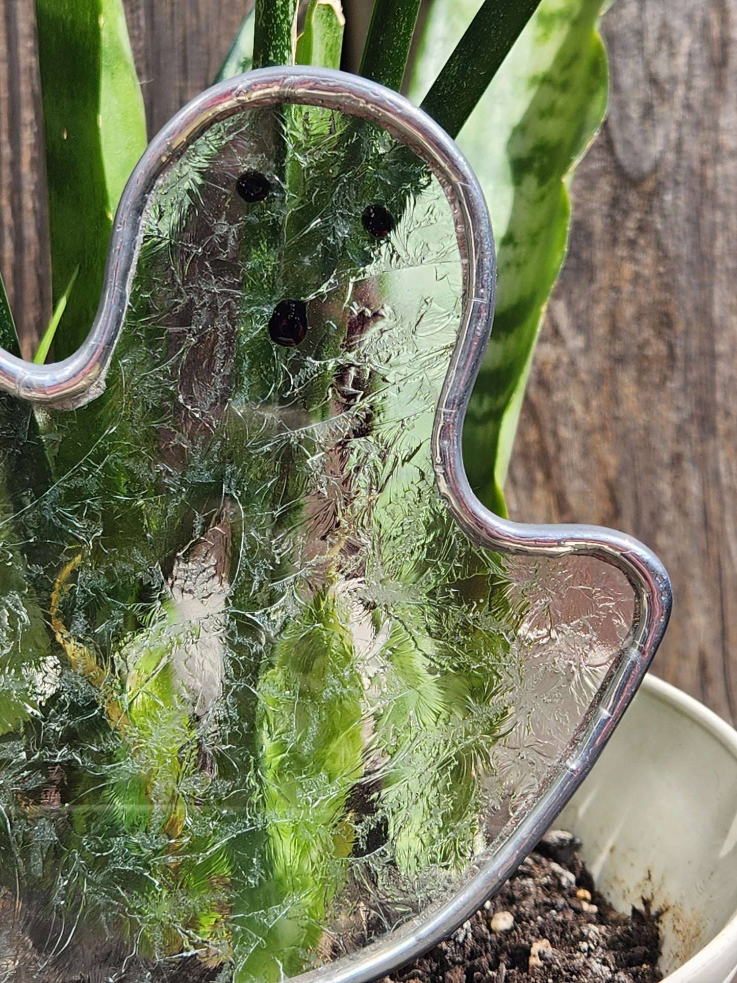 Clear Ice Flake Haunting Stained Glass Ghost Plant Stake