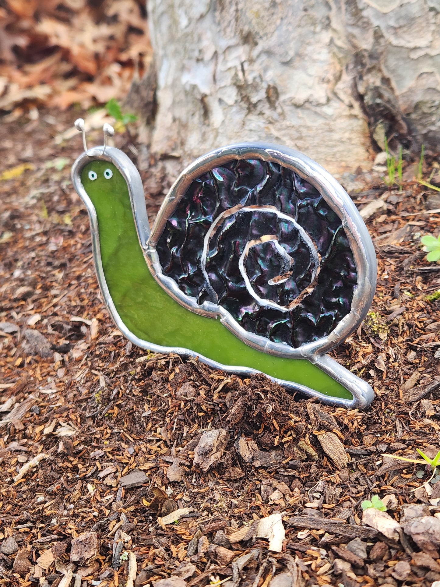 Dark Green & Black Iridescent Textured Stained Glass Snail Plant Stake