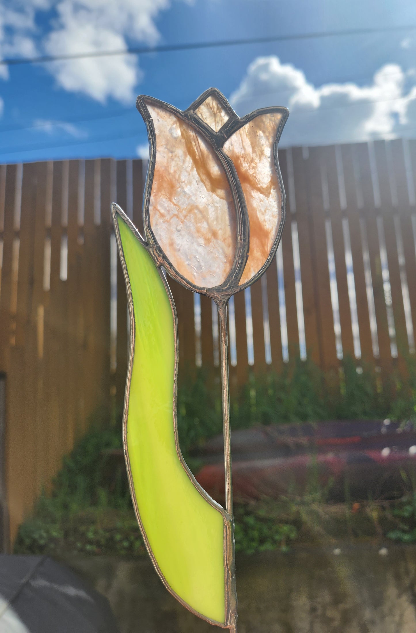 Peach-White Streaky Tulip with Green Streaky Leaf Stained Glass Plant Stake