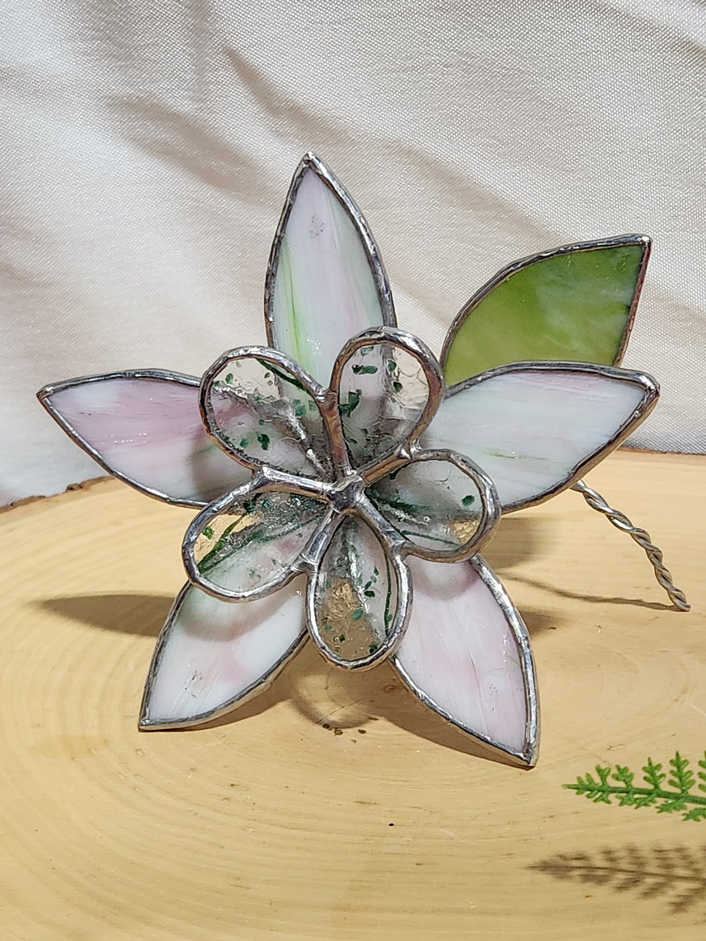 Pink & Green Streaky Glass with Green Confetti Stained Glass Table Flower